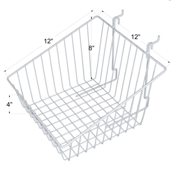 white universal wire sloped front baskets with dimensions for slatwall and gridwall fixtures