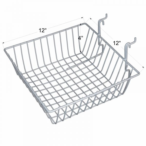white universal small wire baskets 12 x 12 x 4 inch for gridwall and slatwall fixtures