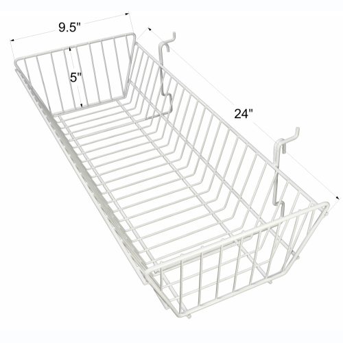 White Universal Wire Trough Baskets 24 x 10 x 5 inch with dimensions for gridwall and slatwall fixtures