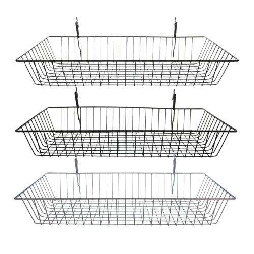 universal wire shallow baskets in all 3 colors for gridwall and slatwall