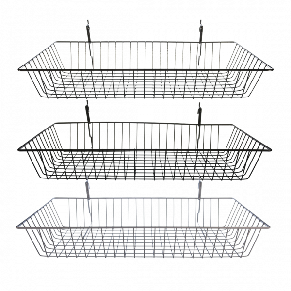 universal wire shallow baskets in all 3 colors for gridwall and slatwall