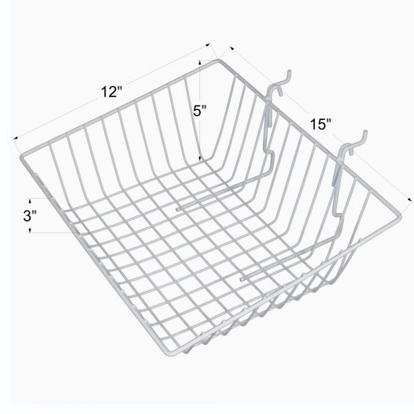 white universal sloping wire baskets with dimensions for gridwall and slatwall