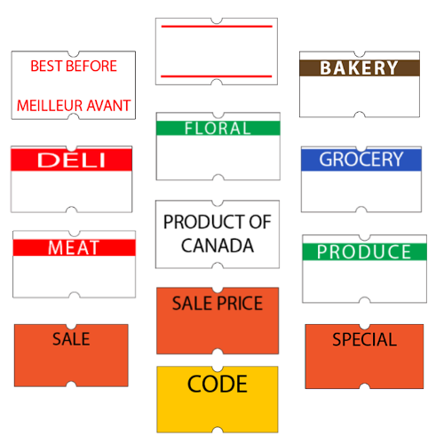 Motex 5500 Printed Pricing Labels for Best Before, Red Stripe Bakery Deli Floral Grocery Meat Product of Canada Produce Sale Sale Price Special and Code stickers
