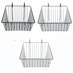 universal wire sloped front baskets for gridwall and slatwall organizing