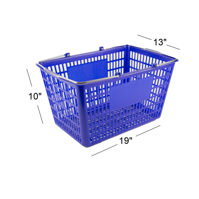 blue wire handled shopping baskets with dimensions