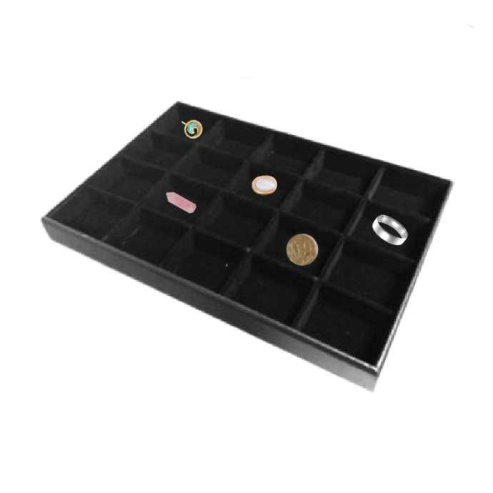 black velvet divided jewelry tray with coins, charms and rings