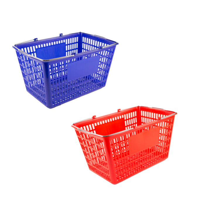 Blue and red wire handled shopping baskets