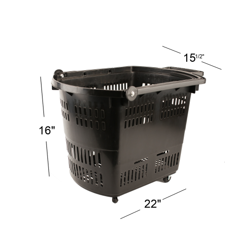 Black Plastic Rolling Shopping Basket with dimensions