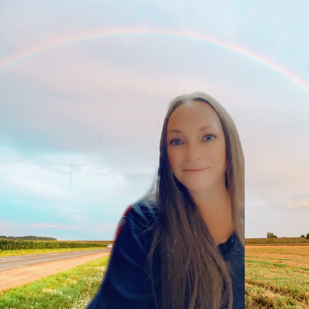 a green screen image of a white woman with long brown hair superimposed on a rainbow over cornfields background