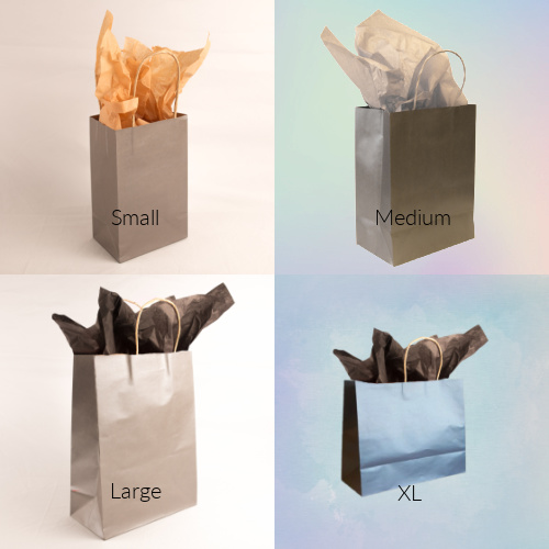 Silver paper shopper bags at rootze by wamaco