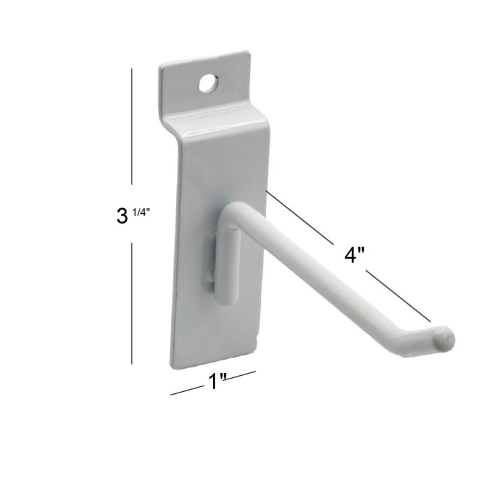 White 4 inch slatwall hook with dimensions