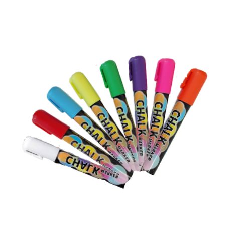Chalk Markers in white, florescent pink, florescent yellow, white, light blue, orange, green, purple and red