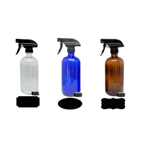 clear, cobalt blue and amber 16 oz glass bottle set with sprayer, chalkboard label and black cap at Rootze by Wamaco