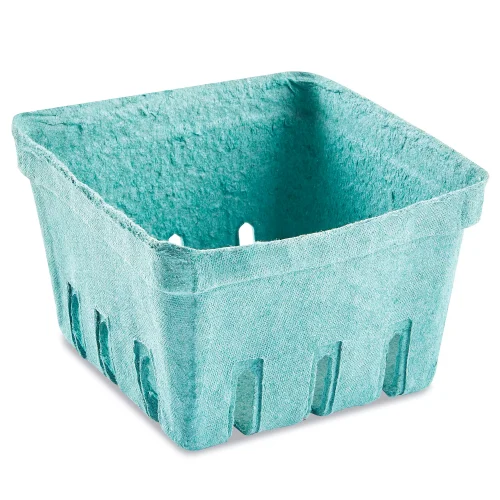 A small, square, eco-friendly berry basket made from molded pulp material, featuring a teal color and slotted sides for ventilation to keep fresh fruit dry and preserved.